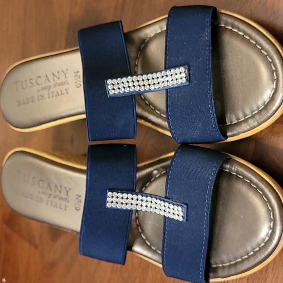 Tuscany Shoes - Tuscany wedge sandal.  Navy stretch straps with  rhinestones.  6 1/2 N